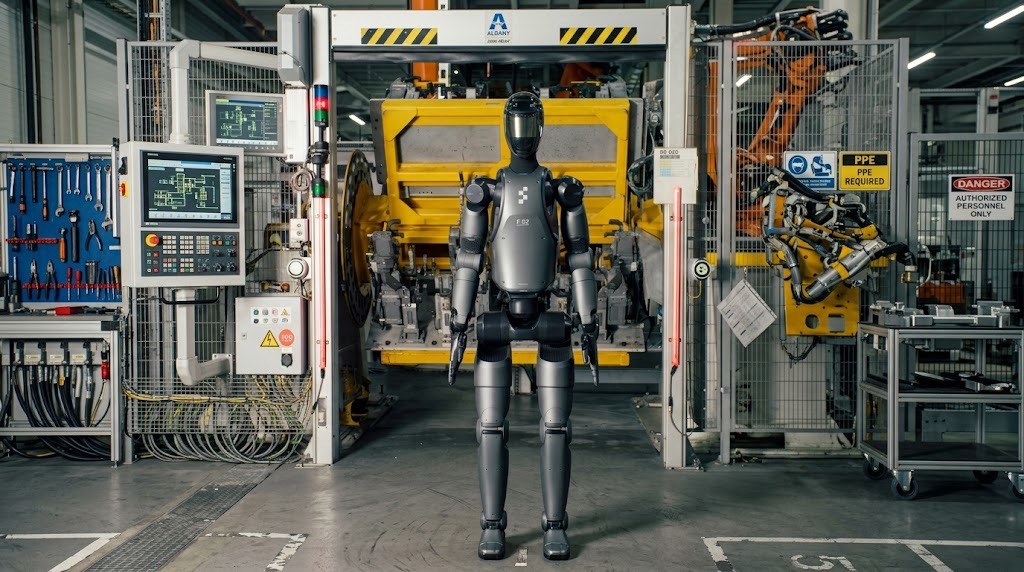 Figure 02 working inside BMW Group Plant Spartanburg. BMW says the robot accumulated about 1,250 operating hours and moved more than 90,000 sheet-metal components during the programme. Credit: BMW Group.